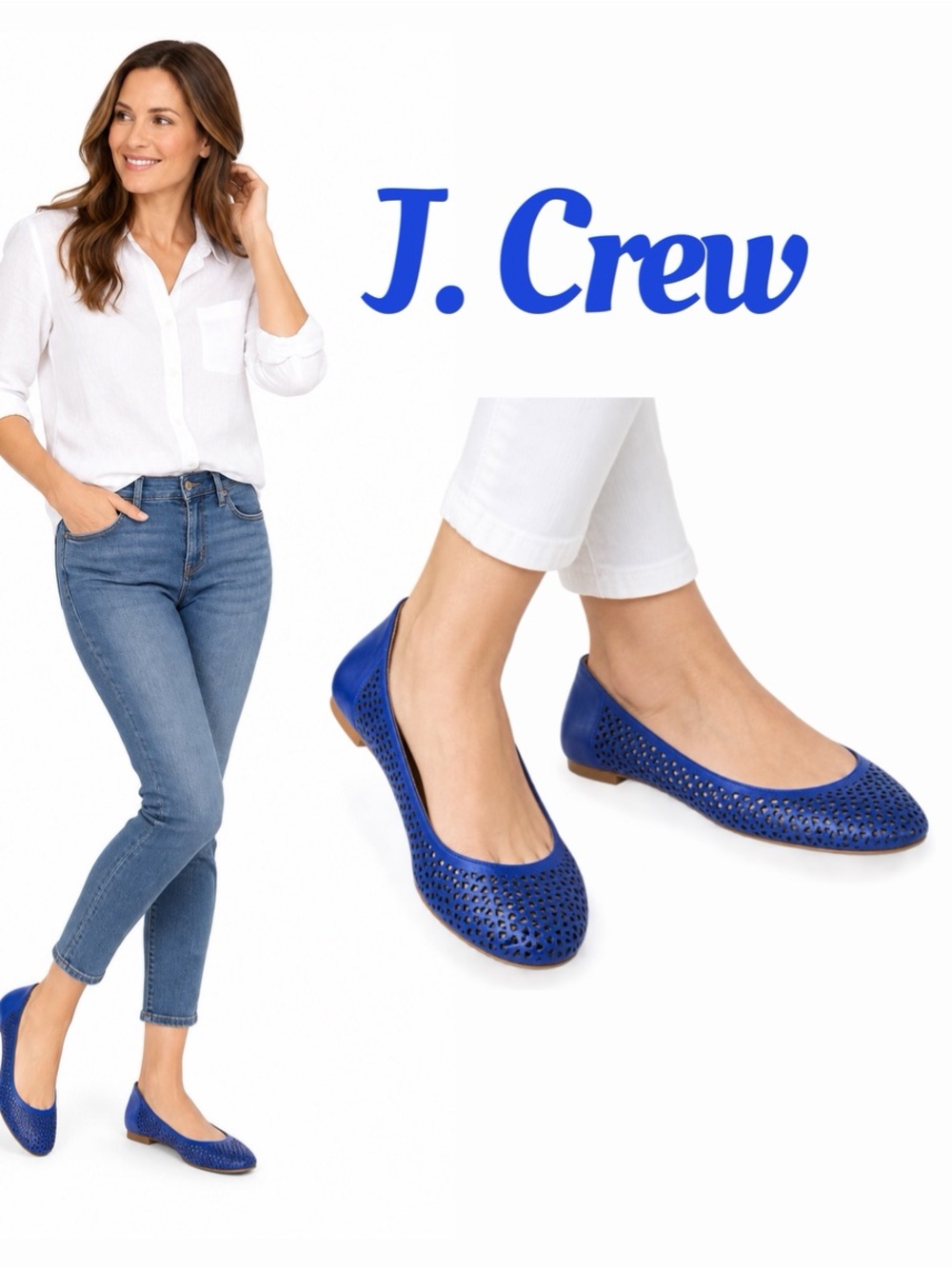 J. CREW Royal Blue Leather Laser Cut Ballet Flats Made in Italy Size 8.5